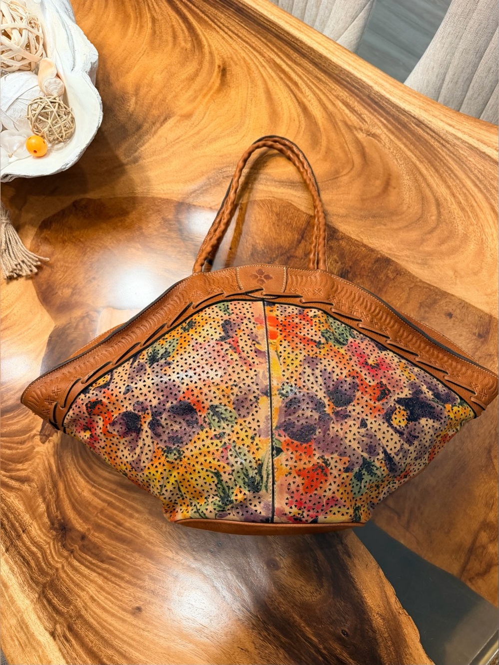 Patricia Nash Floral Perforated Leather Tote Artisan Collection Hand-Painted - Picture 5 of 12